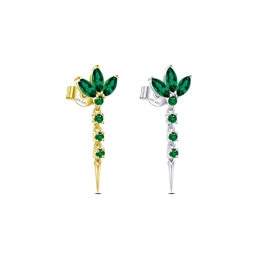 lotus shape stud earring with dangling line of emerald color stones.