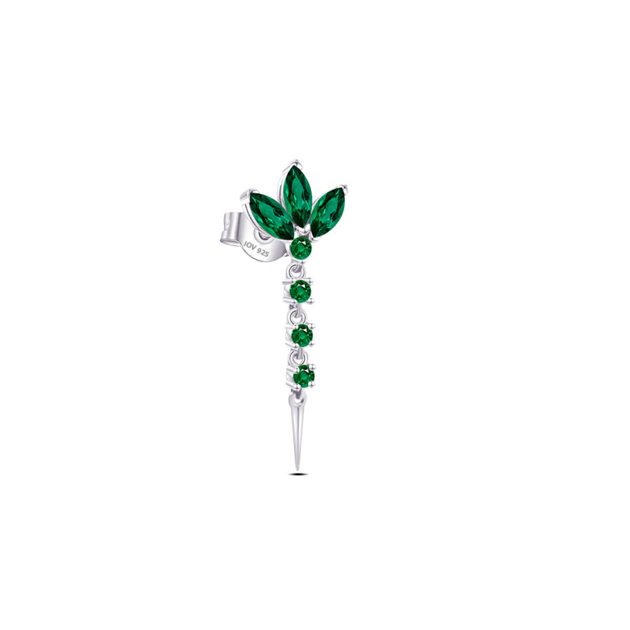 lotus shape stud earring with dangling line of emerald color stones. - Image 3