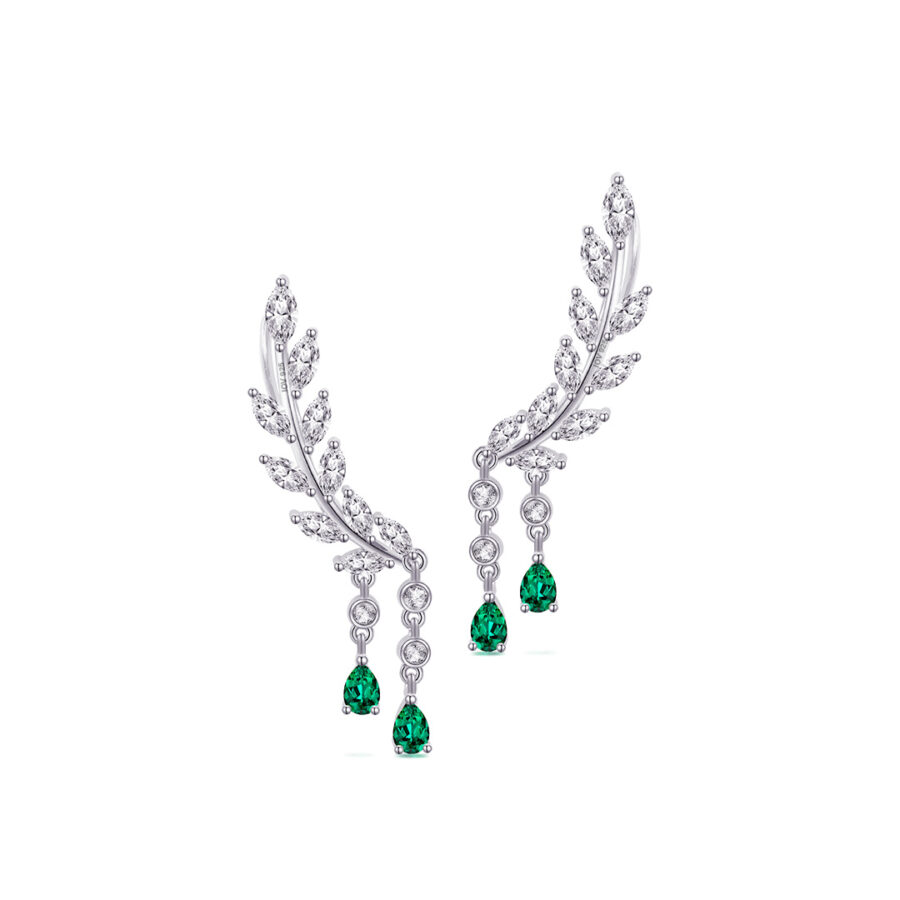 feather shape climber earring with dangling emerald color pear shape stones.