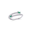 single line CZ open adjustable size ring with two emerald cut green stones.