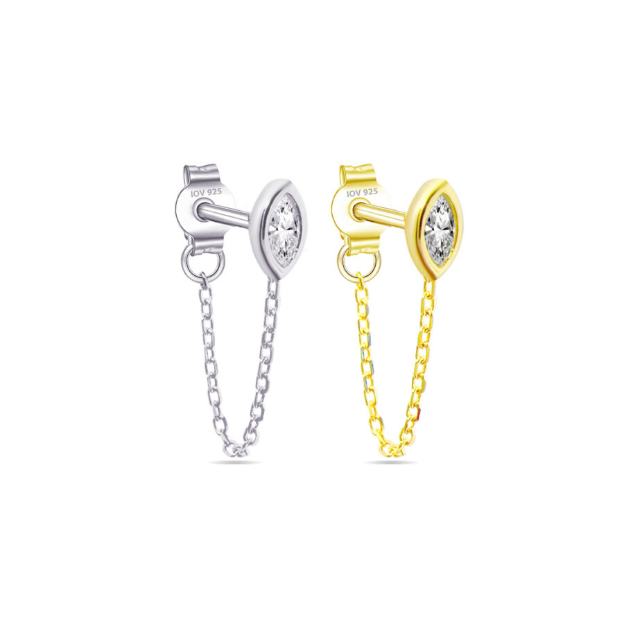 CZ marquise in a bezel setting stud earring with dangling chain linked to stud.