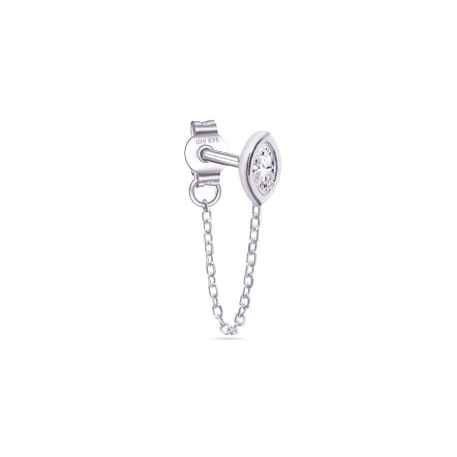 CZ marquise in a bezel setting stud earring with dangling chain linked to stud. - Image 4