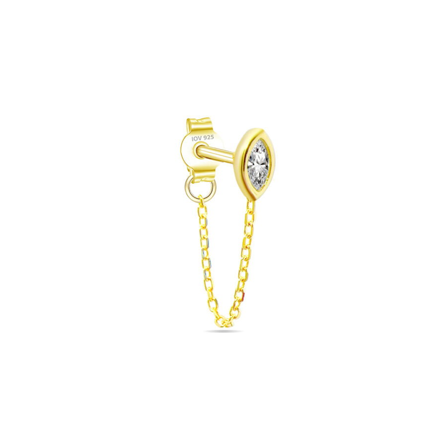 CZ marquise in a bezel setting stud earring with dangling chain linked to stud. - Image 3
