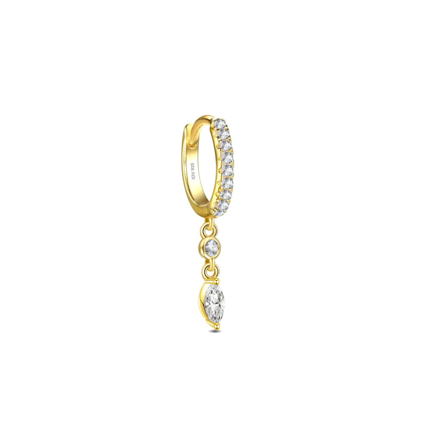 huggie CZ hoop earring with dangling round and marquise stones. - Image 5