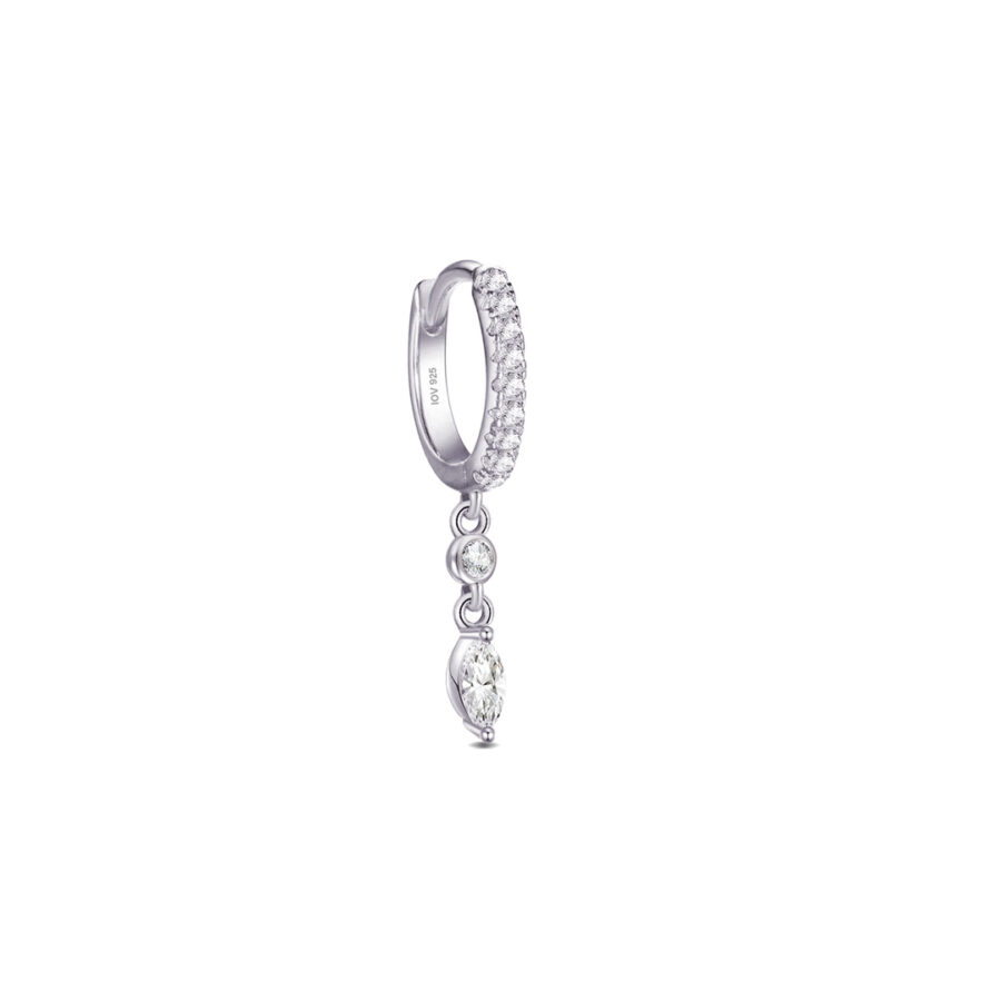 huggie CZ hoop earring with dangling round and marquise stones. - Image 3