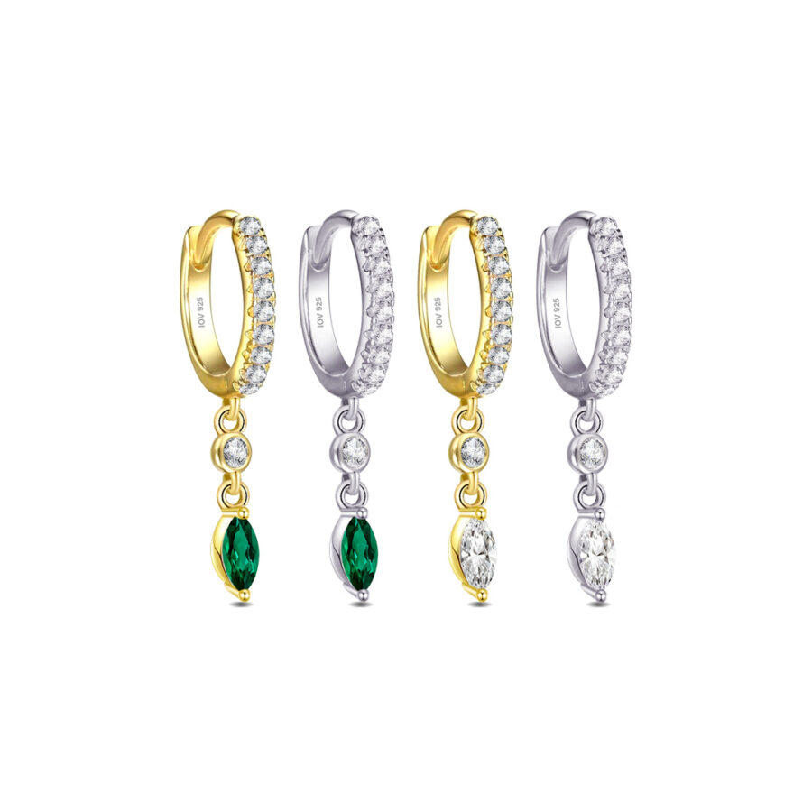 huggie CZ hoop earring with dangling round and marquise stones.