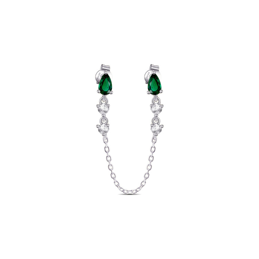 emerald color CZ double stud chain-linked earrings. - Image 2