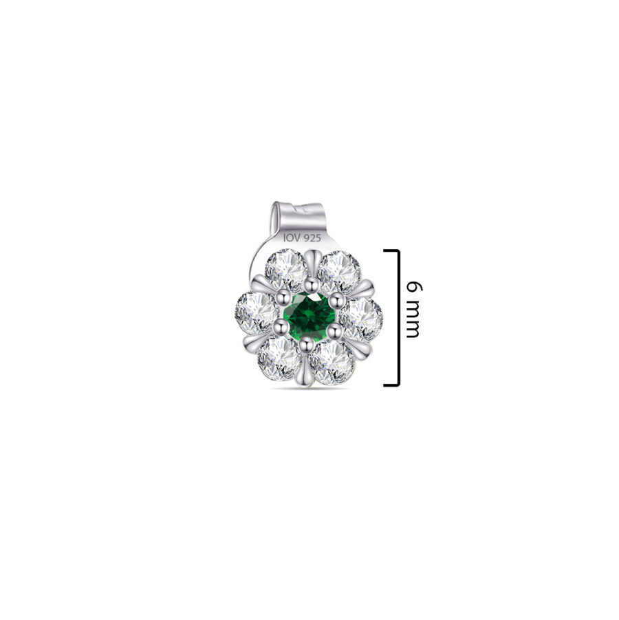 6mm flower shape stud earring with CZ in a cluster setting with emerald color centre stone. - Image 2