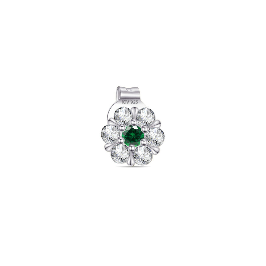 6mm flower shape stud earring with CZ in a cluster setting with emerald color centre stone. - Image 4