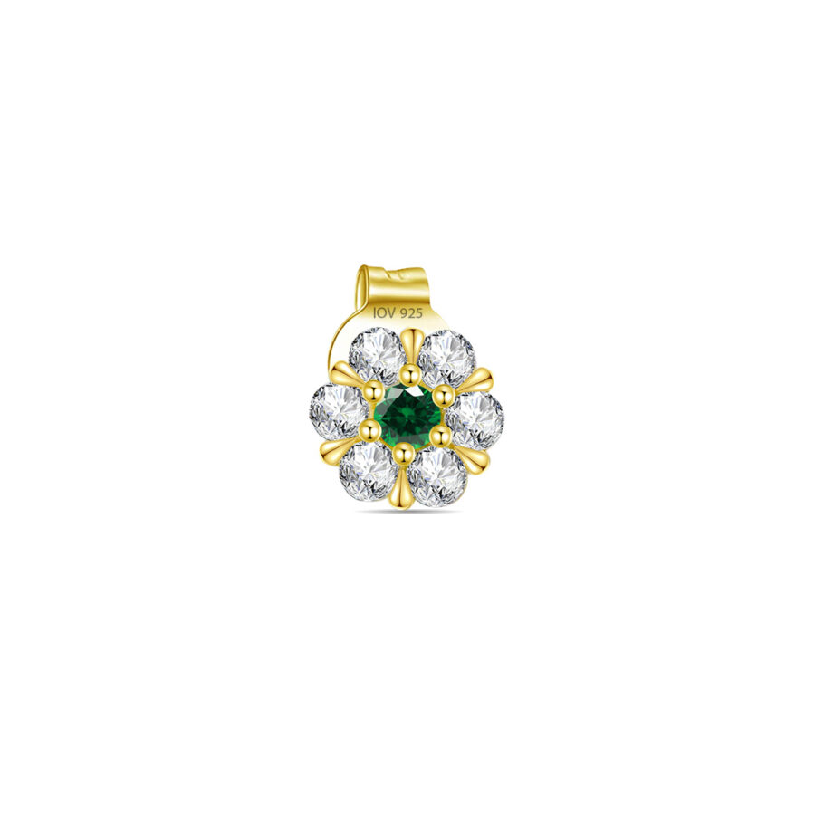 6mm flower shape stud earring with CZ in a cluster setting with emerald color centre stone. - Image 3
