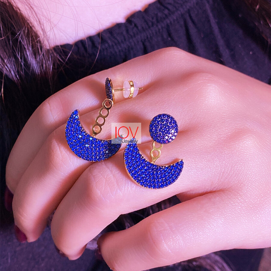 Back and front round fushia and blue earrings.