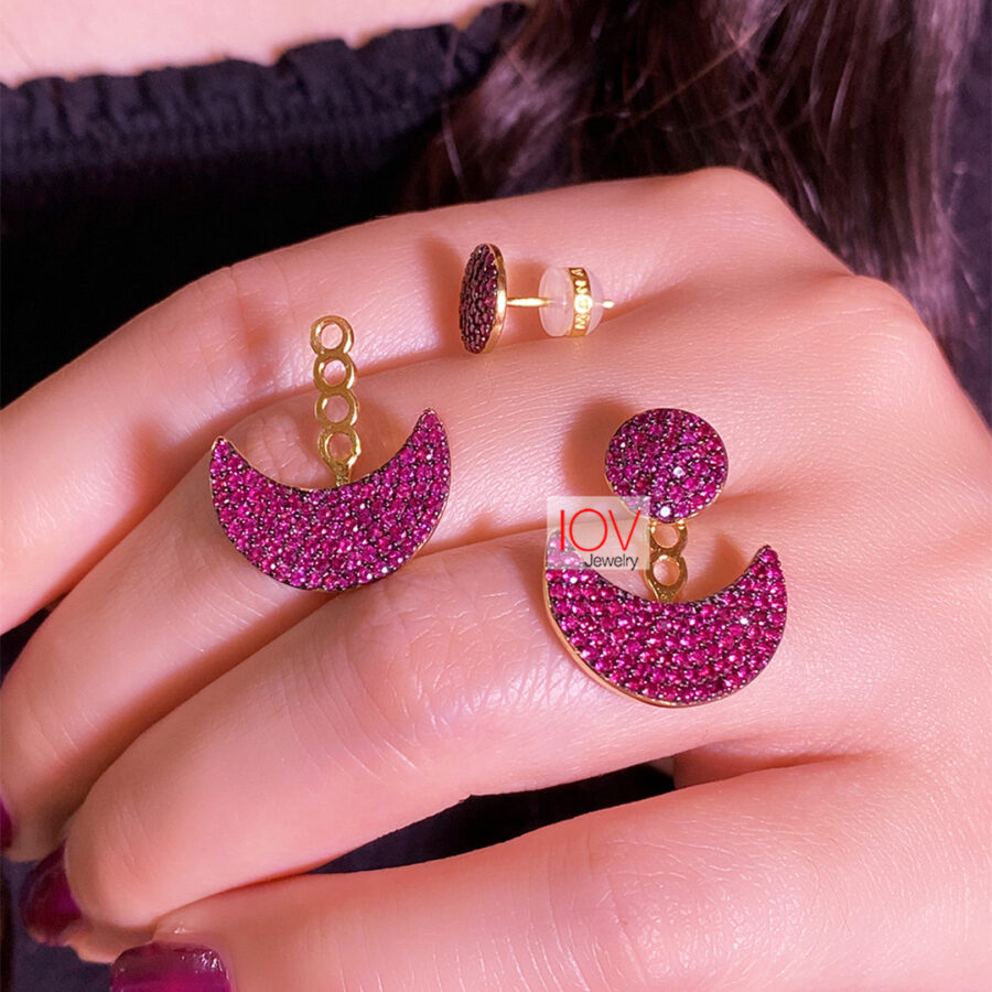 Back and front round fushia and blue earrings. - Image 2