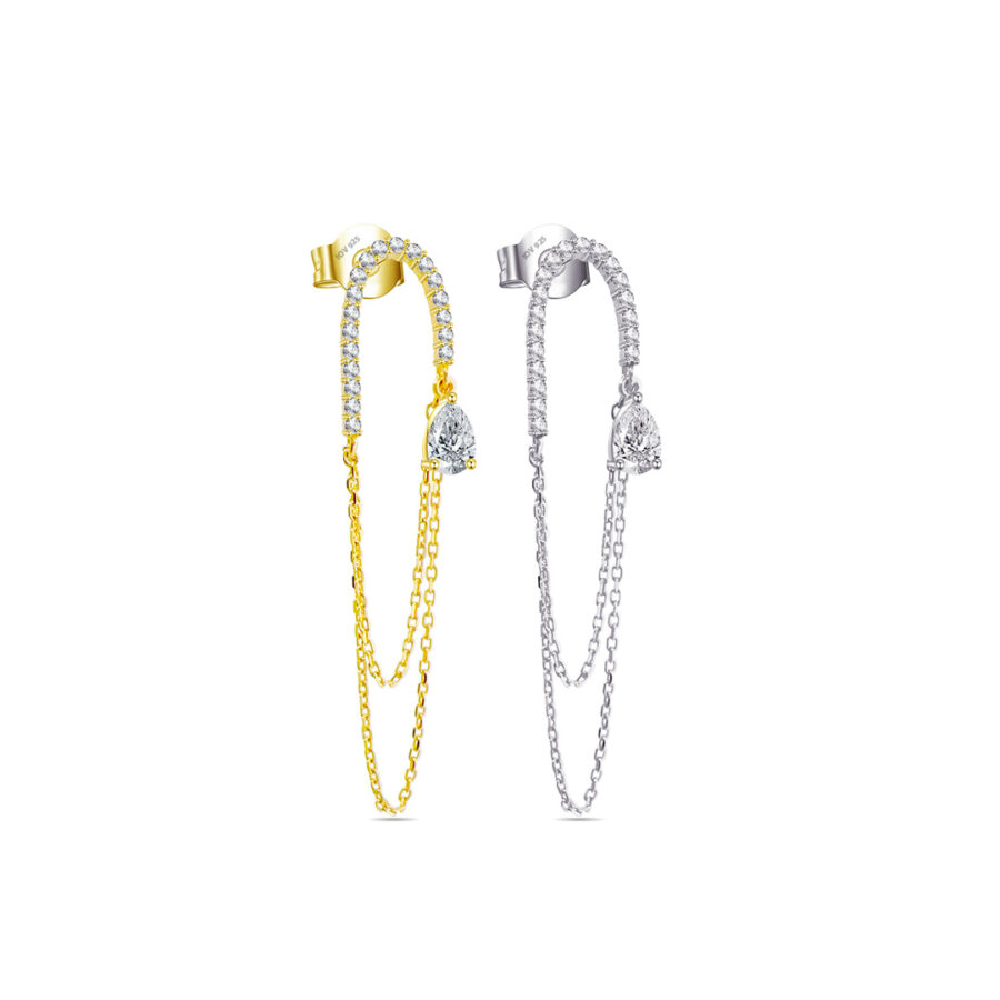 Long double chain dangling earring with pear shape CZ stone.