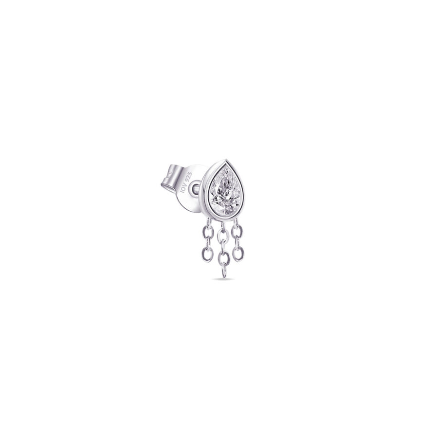 pear shape CZ stone in bezel setting with dangling chains stud earring. - Image 3