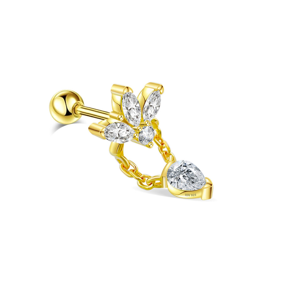 Lotus shape with dangling pear shape stone ballback piercing earring.