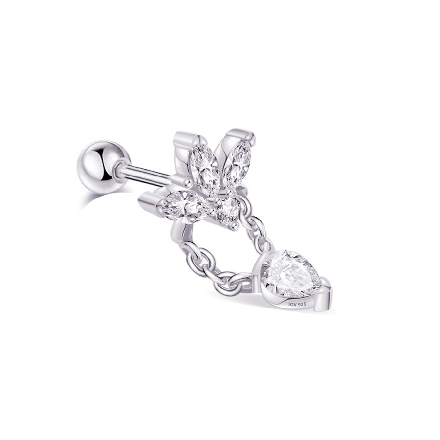 Lotus shape with dangling pear shape stone ballback piercing earring. - Image 3