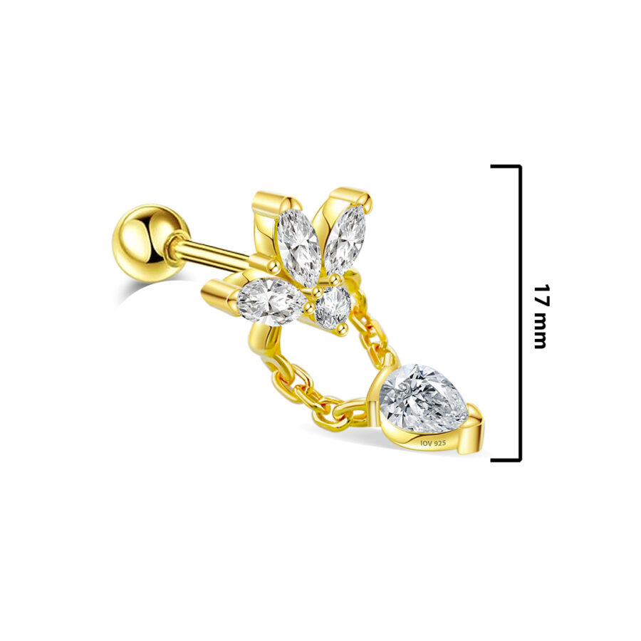 Lotus shape with dangling pear shape stone ballback piercing earring. - Image 2
