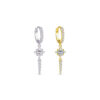 CZ luxury hoop earring with dangling rectangular stone and graduated round stones.