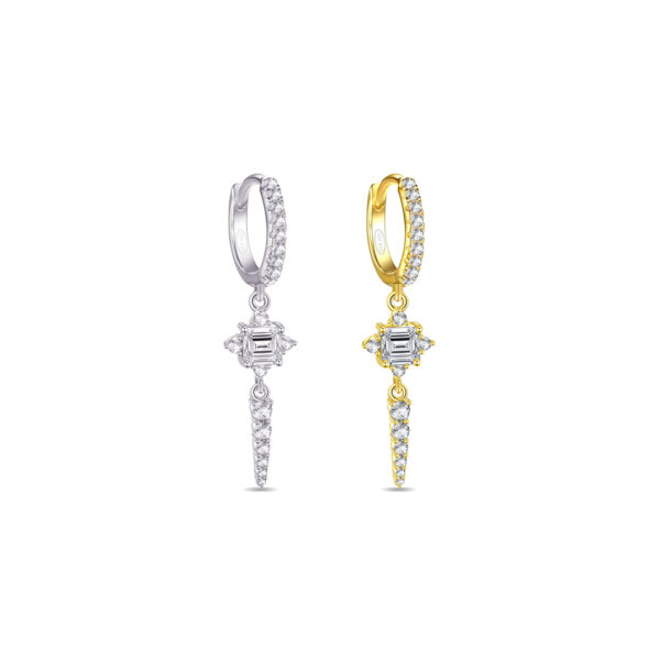 CZ luxury hoop earring with dangling rectangular stone and graduated round stones.