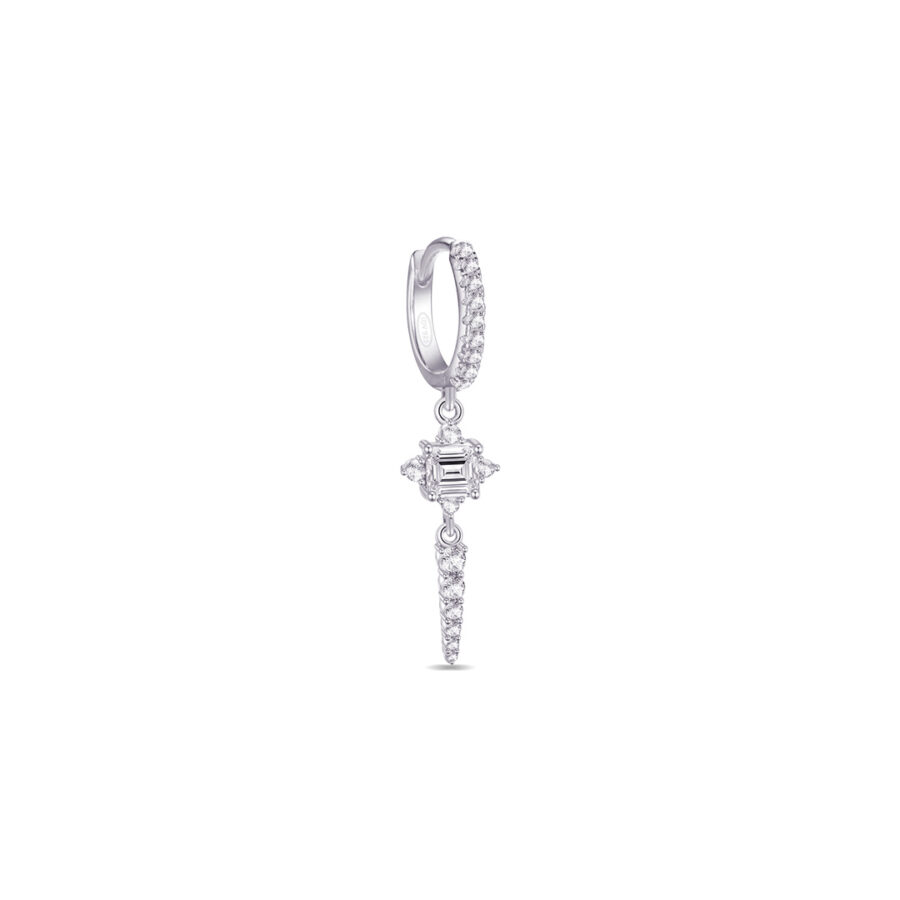 CZ luxury hoop earring with dangling rectangular stone and graduated round stones. - Image 4