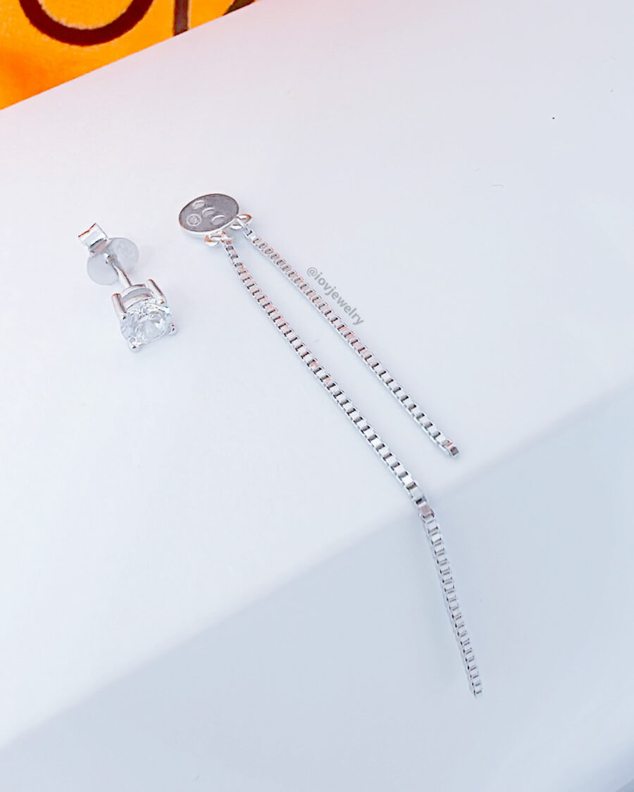 back and front dangling double chain with CZ stud earring. - Image 2