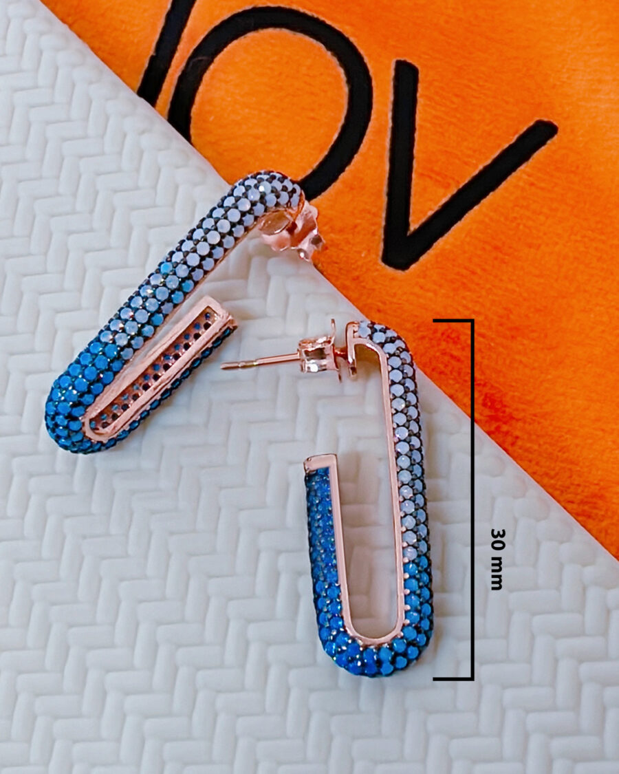 CZ shades of blue rectangular rosegold earrings. - Image 2