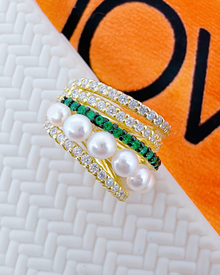 green and white CZ pealr earcuff plated with yellow gold.