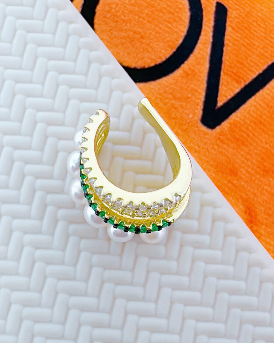 green and white CZ pealr earcuff plated with yellow gold. - Image 2