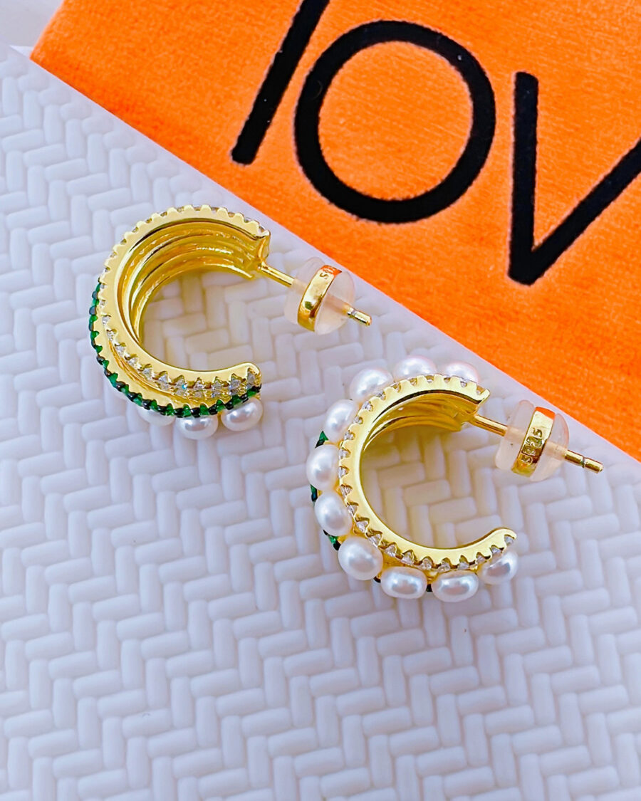 multilines CZ green and white with pearl huggie hoops earrings. - Image 2