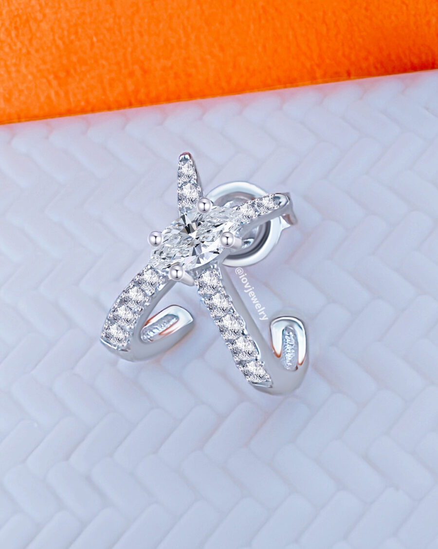 X shape huggie hoop with marquise center stone. - Image 2