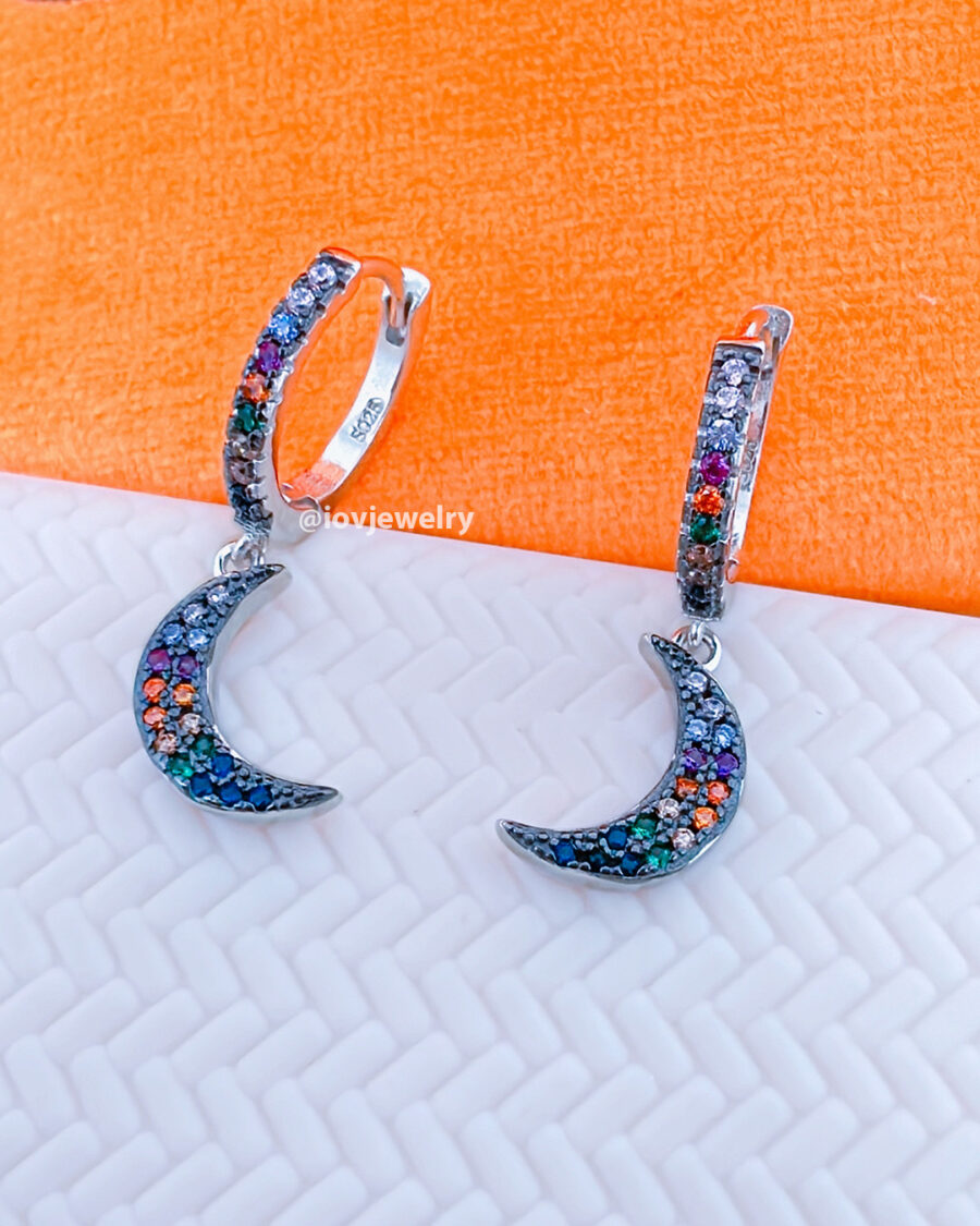 CZ multicolored dangling crescent hoop earring plated with black rhodium.