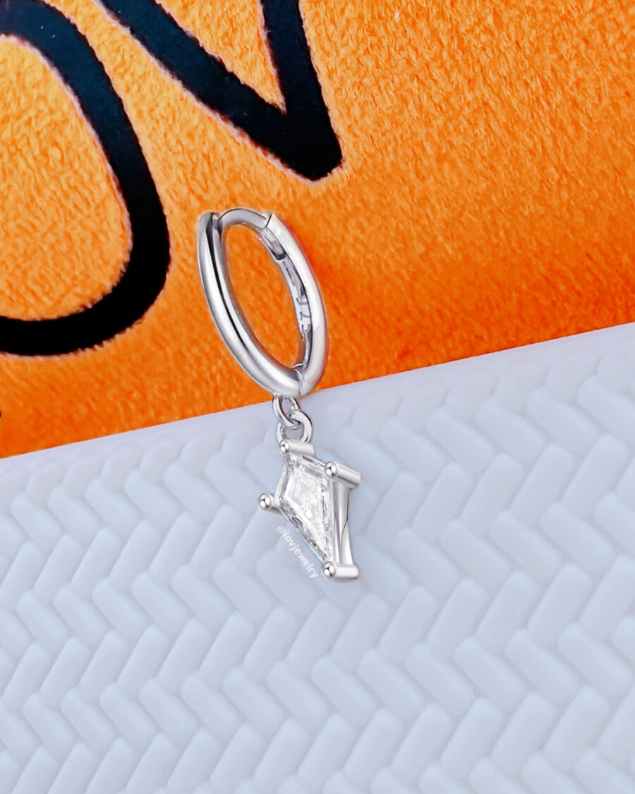 huggie hoop earring with dangling CZ kite shape. - Image 2