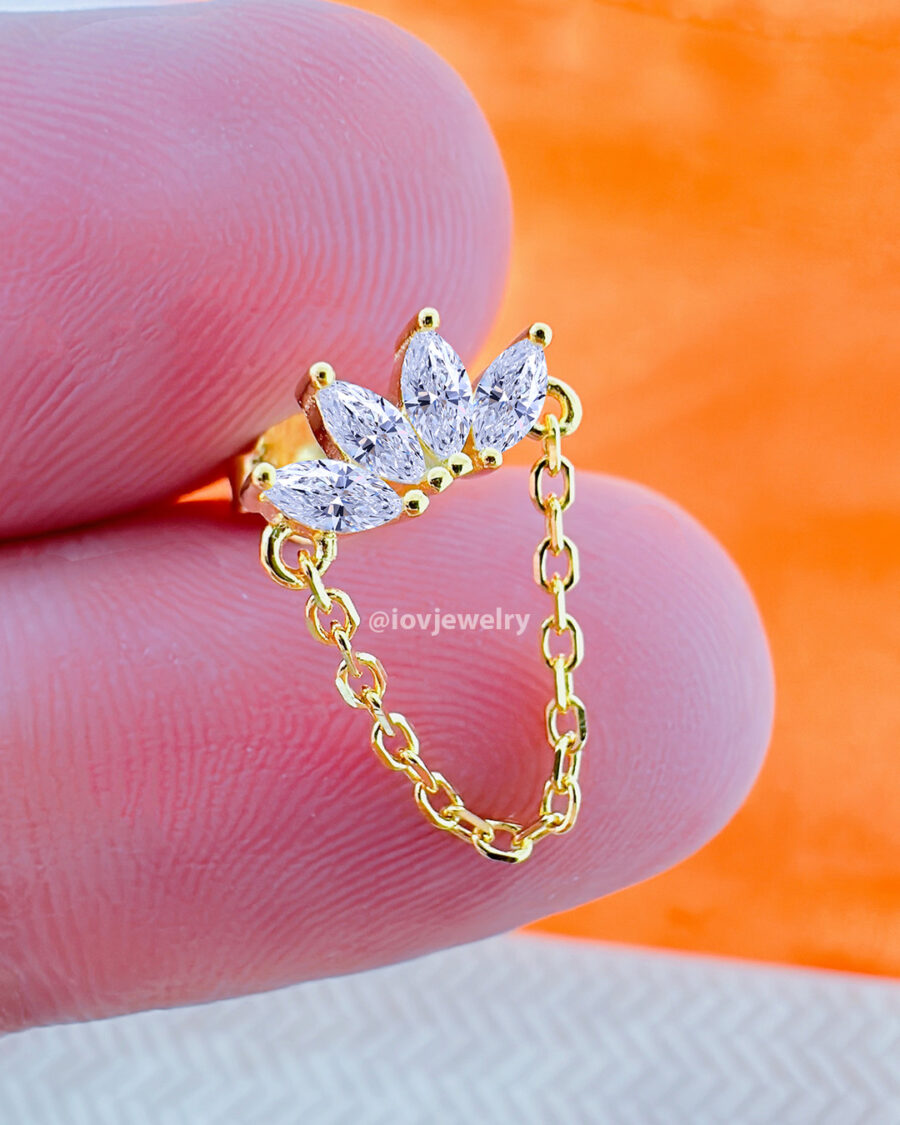 CZ four marquise stones with dangling chain stud earring. - Image 2