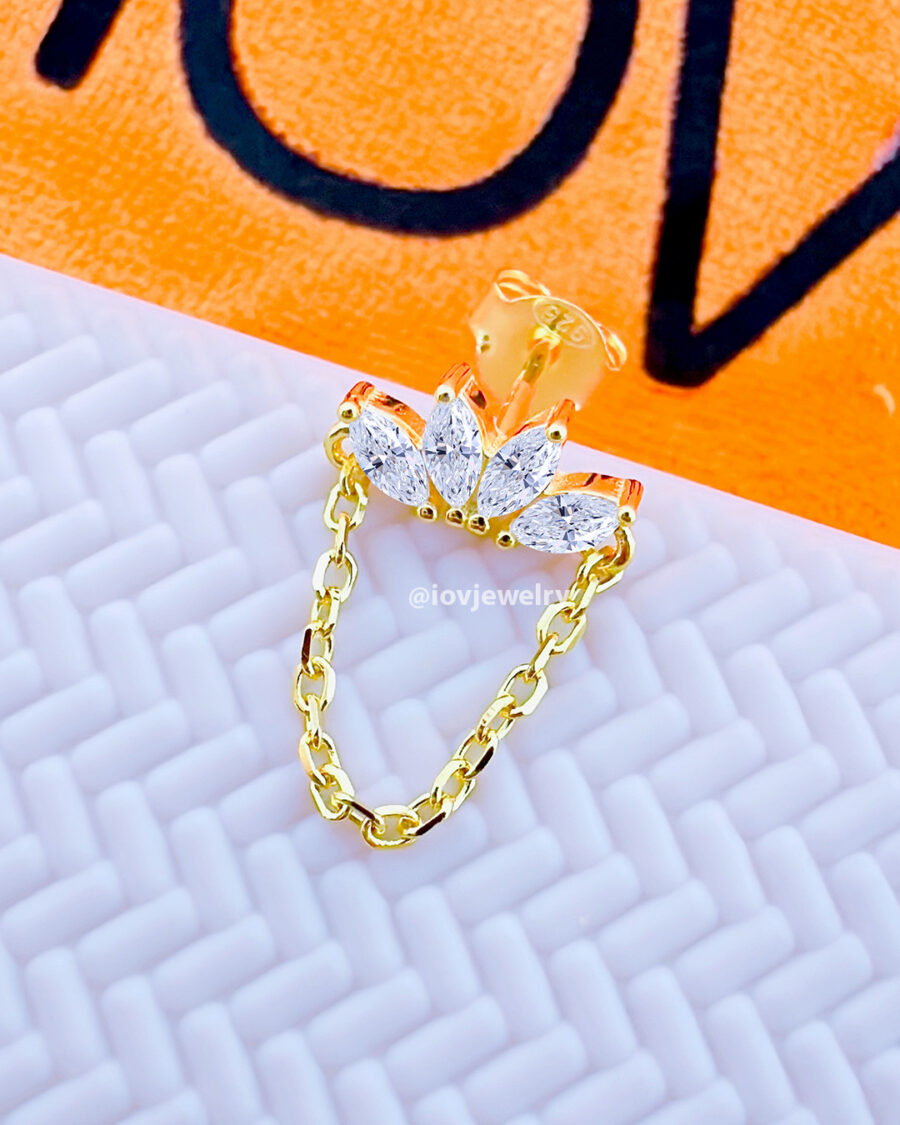 CZ four marquise stones with dangling chain stud earring.