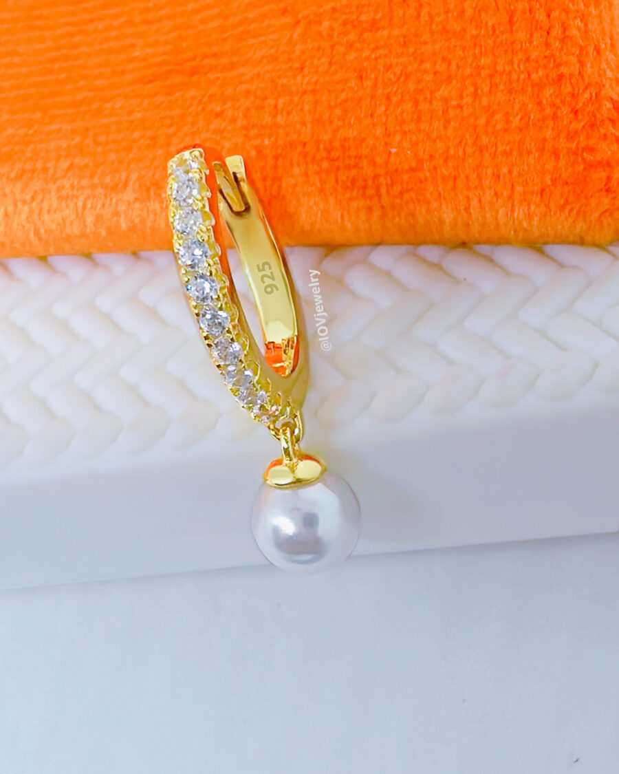 11 mm CZ hoop earring with dangling cultured pearl. - Image 2