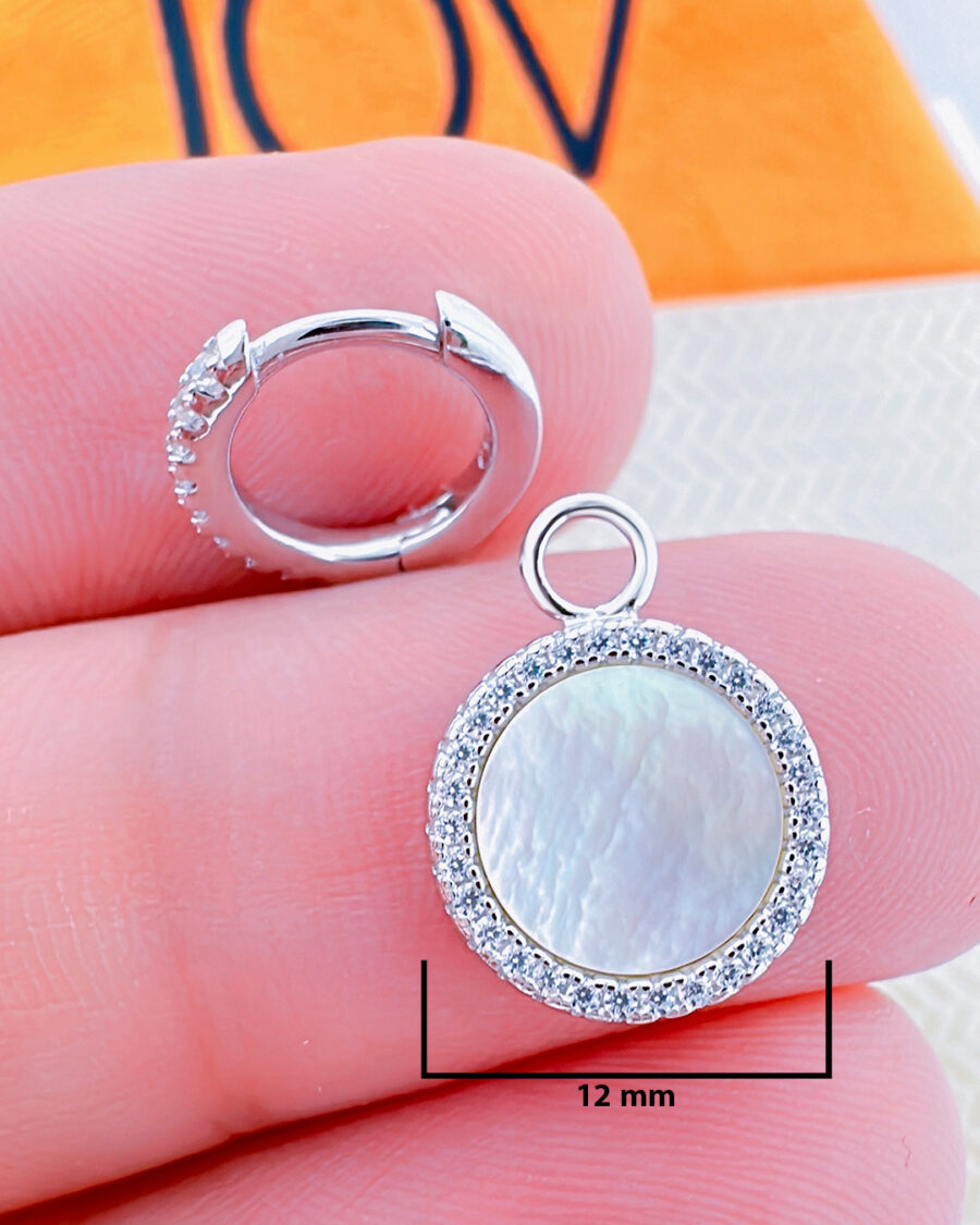 9mm CZ hoop earring with a mother of pearl dangling in a halo setting. - Image 2