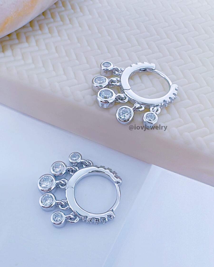 9mm huggie hoop earring with dangling CZ stones in bezel setting. - Image 2