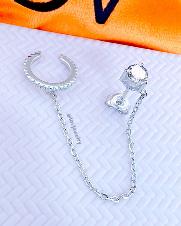 CZ stone stud earring chain-linked to one line stones earcuff.