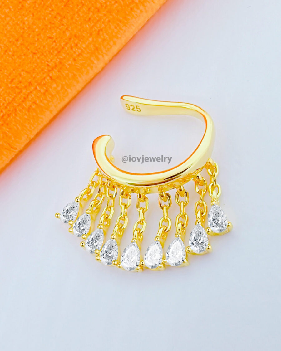 CZ dangling pear shapes earcuff. - Image 3