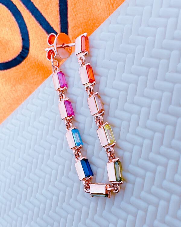 multicolor rectangular stones back and front links rosegold earring.