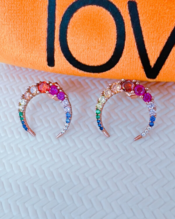 CZ multi-colored cresecnt shape rosegold earring.