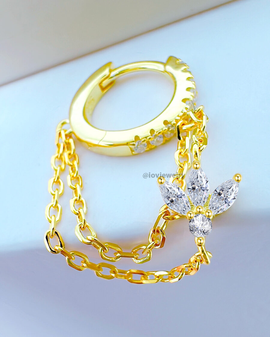 CZ huggie hoop with dangling double chains adorned with louts shape marquise stones. - Image 2