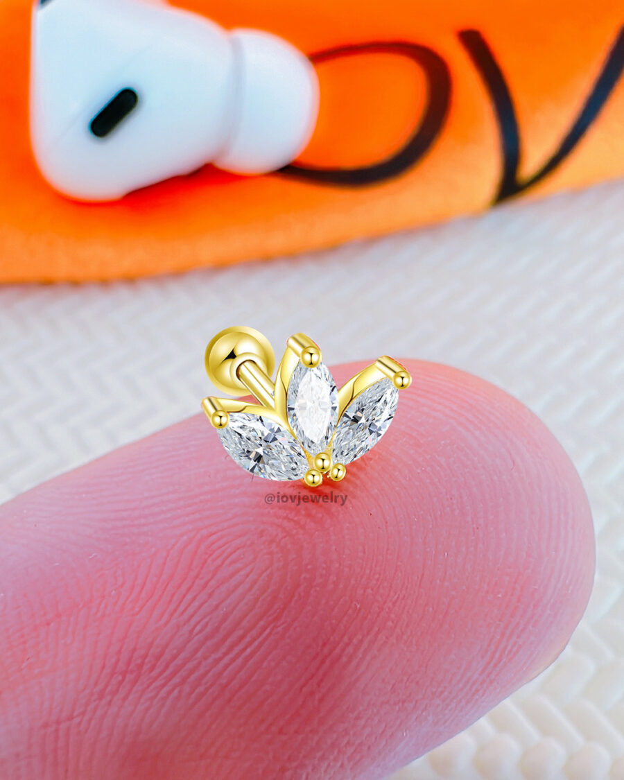 three marquise stones in lotus shape ballback piercing earring.