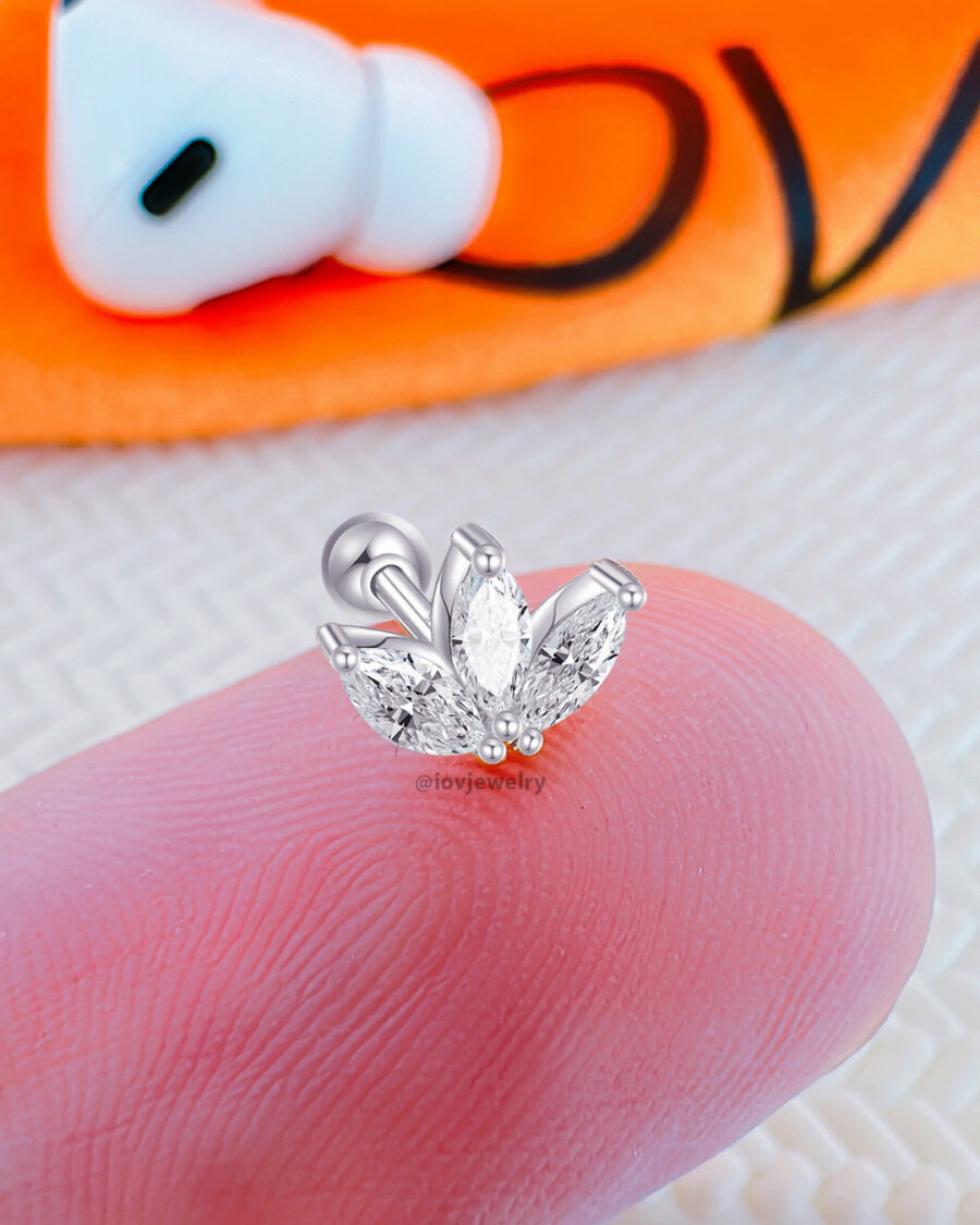 three marquise stones in lotus shape ballback piercing earring. - Image 2