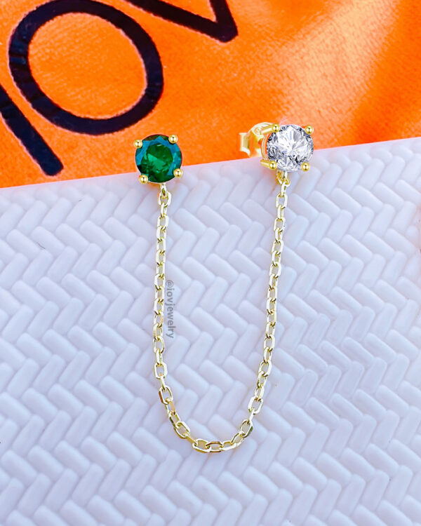 emerald color and white CZ double stud chain-linked earring.