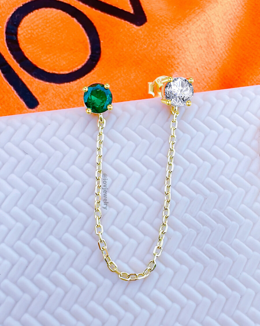 emerald color and white CZ double stud chain-linked earring.