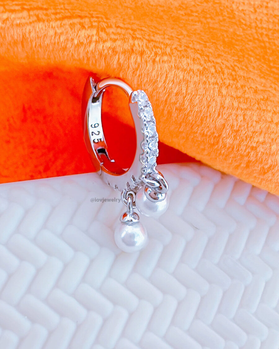 CZ huggie hoop earring with dangling two pearls. - Image 3
