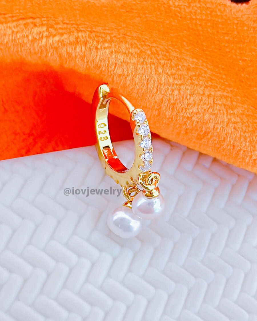 CZ huggie hoop earring with dangling two pearls. - Image 2