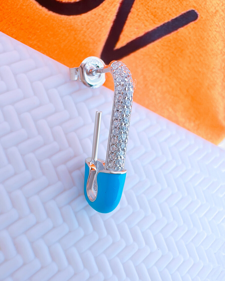 enamel turquoise safty pin shape CZ earring. - Image 2