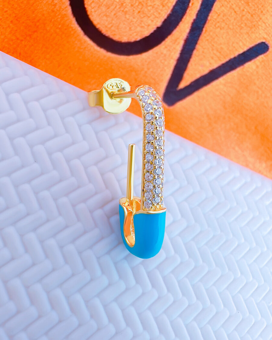 enamel turquoise safty pin shape CZ earring. - Image 3